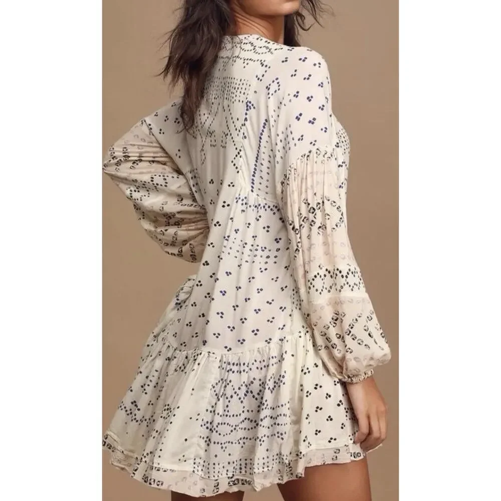 Free People Shibori Tunic Dress Women’s Sz S Long Sleeve Button Front Raw Hem - Picture 1 of 12